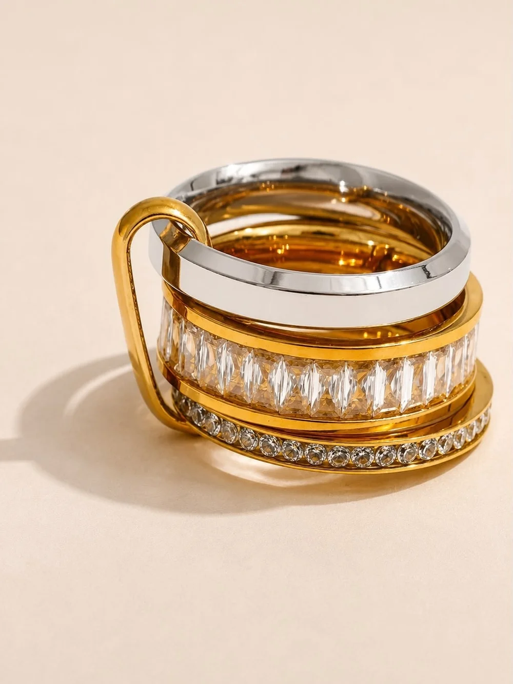 Gold and Silver Multi-Band Crystal Ring